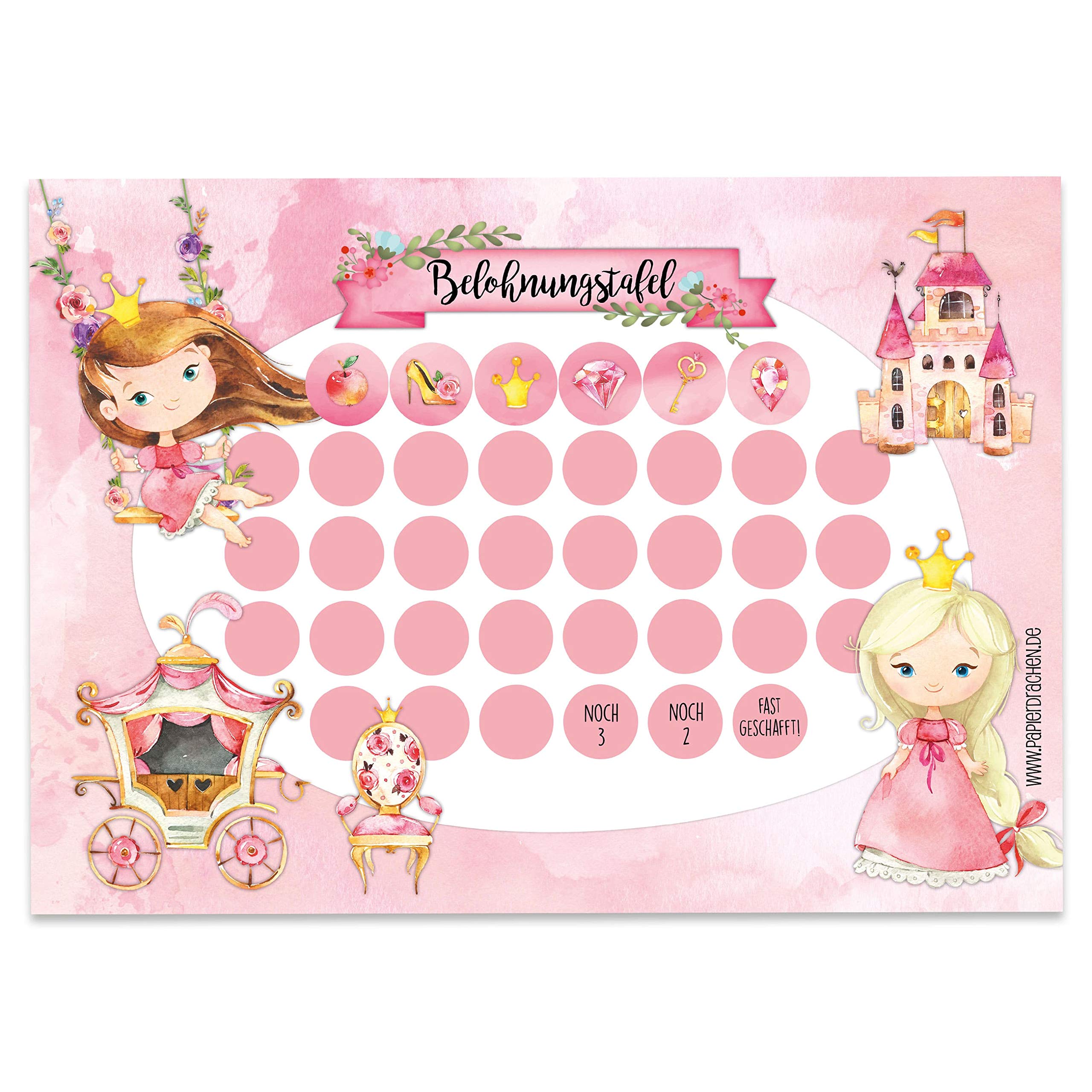 Papierdrachen Reward chart set for children as tear-off pad, 10 sheets, motivational concept as an educational aid, with great stickers for boys and girls, motif princess set 19