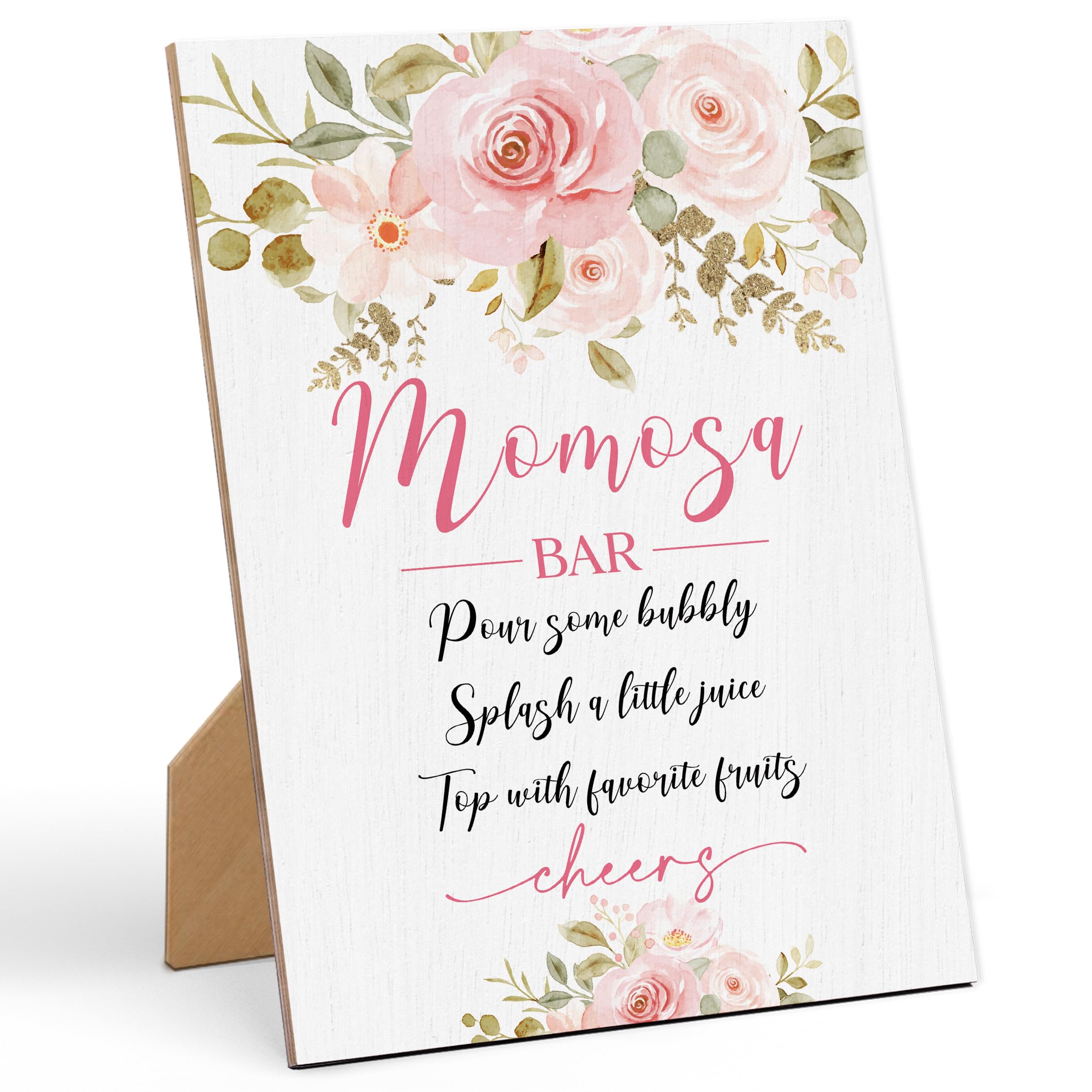 Photo 1 of Mom-osa Bar Bubbly Bar Sign Baby Shower Sign-8×11 Inches, Floral Wooden Sign, Gender Neutral Tabletop Decor