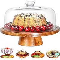 Acacia Wood Cake Stand with Clear Acrylic Dome Cover - 6-in-1 Multifunctional Cake Holder, Serving Platter, Salad Bowl, Punch