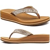 KuaiLu Women's Rhinestone Platform Arch Support Flip Flop Sandals