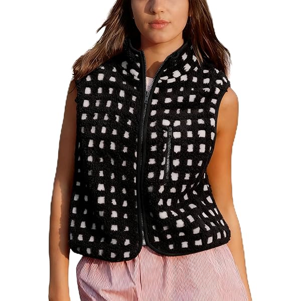 トップス Check Pattern Design Fur Western Vest Shein Womens Open Front Vest Black White Gingham Stretch