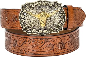 HinyBoeh Western-PU-Leather-Belts for Men and Women Cowboy-Cowgirl Longhorn-Bull-Pattern-Engraved-Buckle-Belt for Unisex