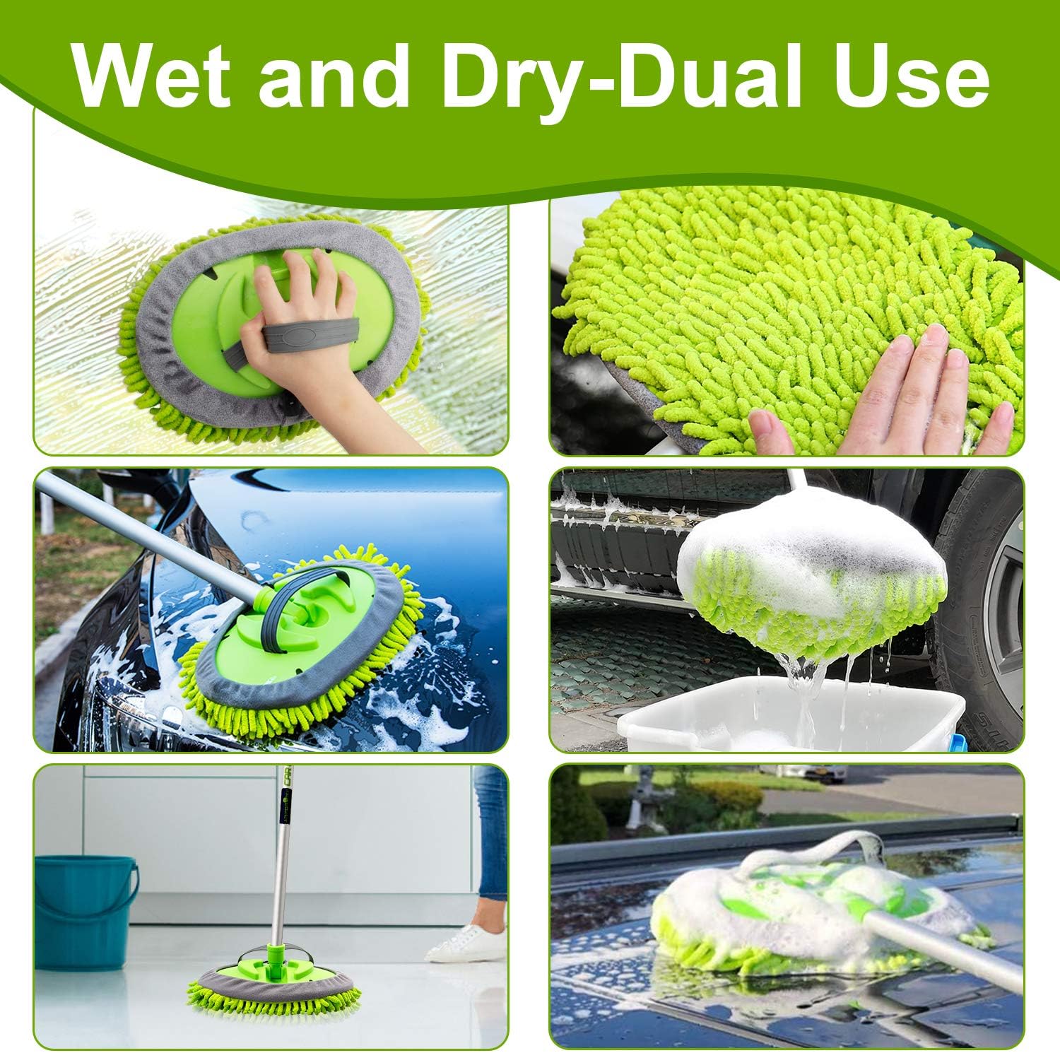 anngrowy 62" Microfiber Car Wash Brush Mop Kit Mitt Sponge with Long Handle Car Cleaning Supplies Kit Duster Washing Car Tools Accessories, 1 Chenille Scratch-Free Replacement Head Aluminum Alloy Pole: Automotive