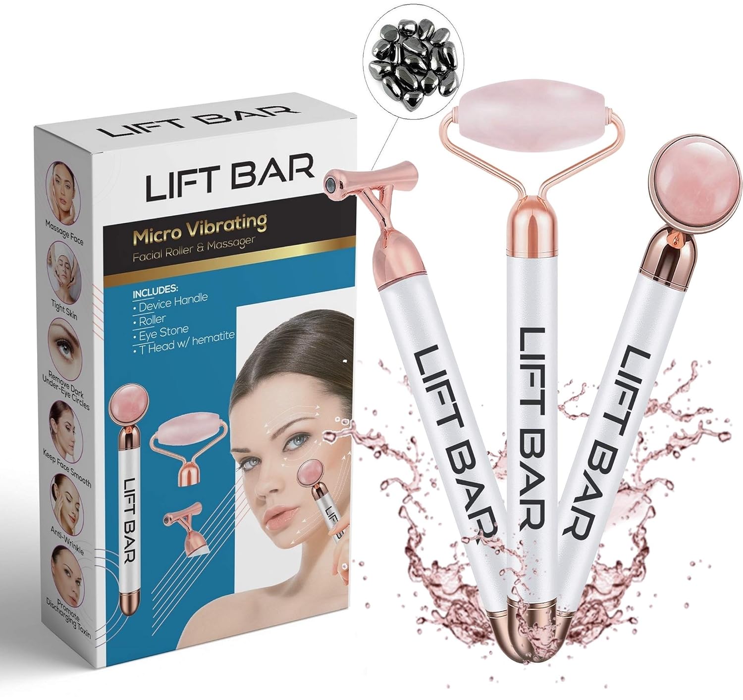 Rose Quartz Lift Bar 3-In-1 Facial Roller Instant Face lift w/Hematite Stone, Skin Tightening, Face Firming, Anti Wrinkles, eliminate dark circles, 24k Beauty Bar Face Massager Anti Aging Device: Beauty