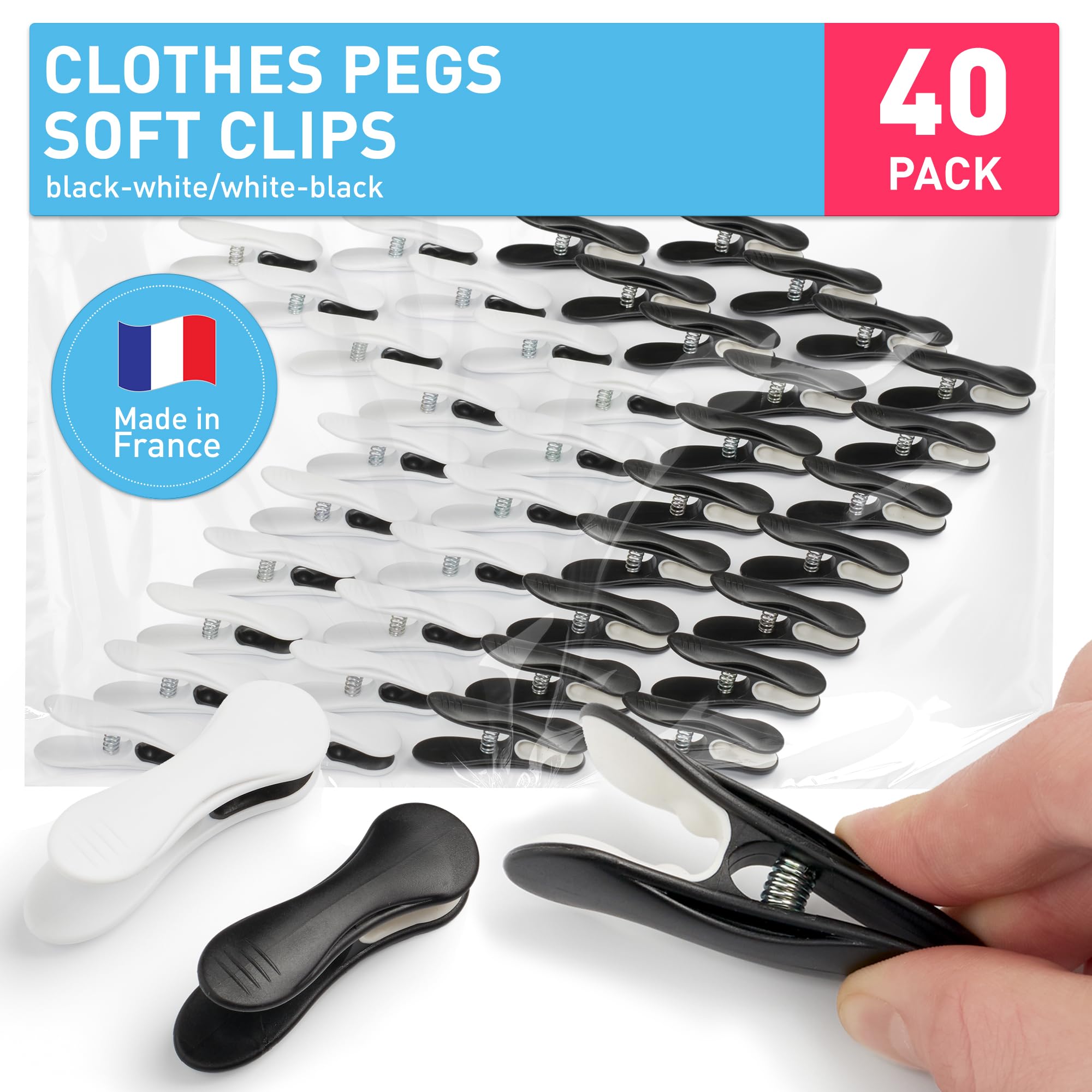 culiclean Clothes Pegs – Strong Soft Grip Soft Clips – Durable Plastic Pegs for Indoor & Outdoor Use – Heavy Duty Clothes Clips – 40 Pack – black-white/white-black