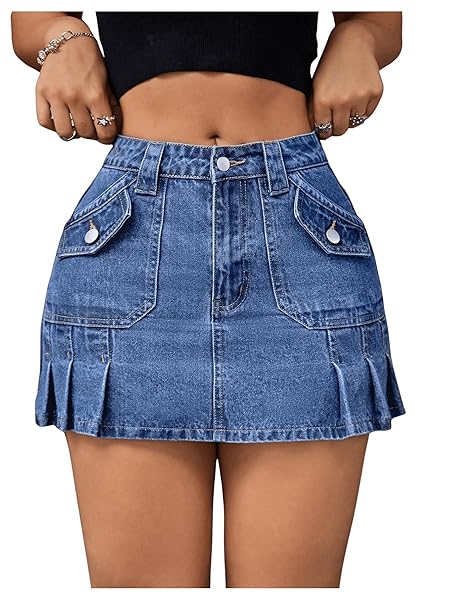 BEAUDRM WOMEN’S LOW WAIST MINI DENIM SKIRT BUTTON FRONT PLEATED BODYCON JEAN SHORT SKIRTS DARK WASH X-SMALL