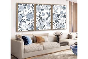 LINGLINGDOG Large Framed Canvas Wall Art - Natural Float Framed Rustic Grey White Flowers Pictures Decor Gray Blue Leaves Artwork Prints for Bedroom Living Room Kitchen Home Office Decoration 72" X 36" Set of 3