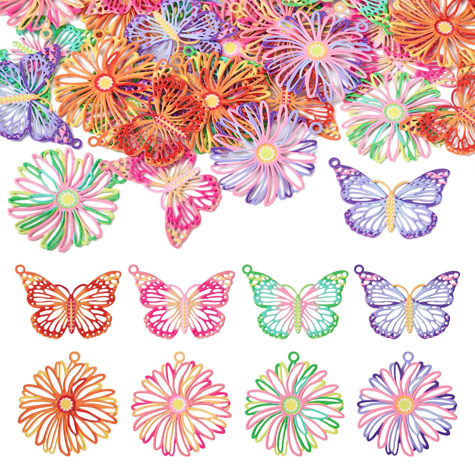 Spritewelry 32Pcs Stainless Steel Pendants Colorful Flower Butterfly Filigree Charms Hollow Metal Embellishments Hanging Ornaments for Jewelry Making