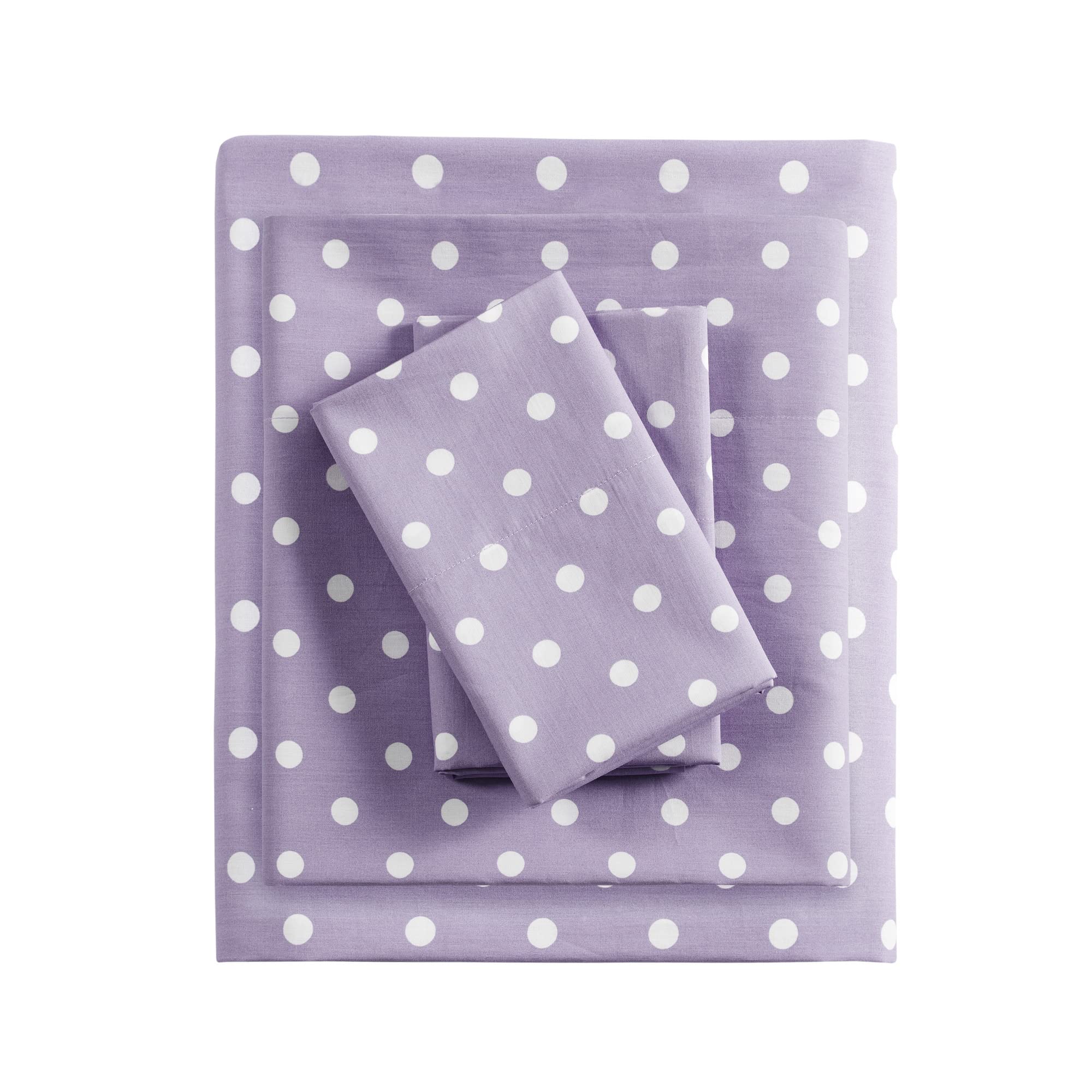 Mi Zone Purple Queen Size Sheet Sets Kids Polka Dot Sheets for Girls 100% Cotton Percale Soft Sheet Set, Flat Sheet, Fitted Sheet, Pillowcase, Breathable All Season Bed Set, Fits up to 14" Mattress