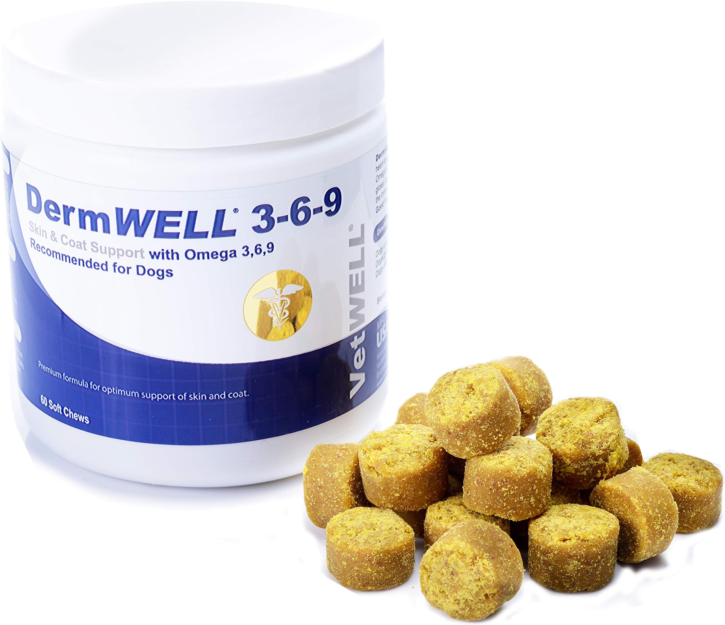 VetWELL Omega 3 6 9 for Dogs - Dry Skin Treatment for Dogs, Helps Relieve Itching Skin, Allergy Symptoms and Improves Coat - DermWELL Omega 3-6-9 Fish Oil Soft Chews - 60 Count