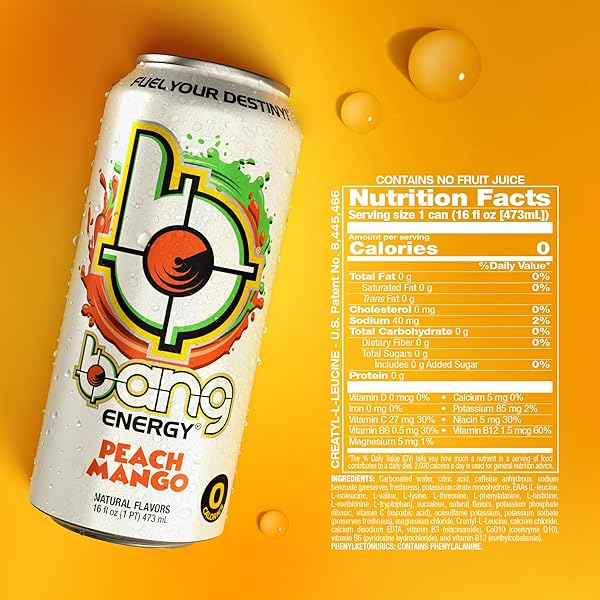 BANG ENERGY PEACH MANGO, SUGAR-FREE ENERGY DRINK, 16-OUNCE (PACK OF 12)