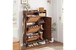 Rattan Shoe Cabinet with 3 Flip Drawers, Chestnut Freestanding Shoe Storage Cupboard with Adjustable Shelves for Entryway, Ha