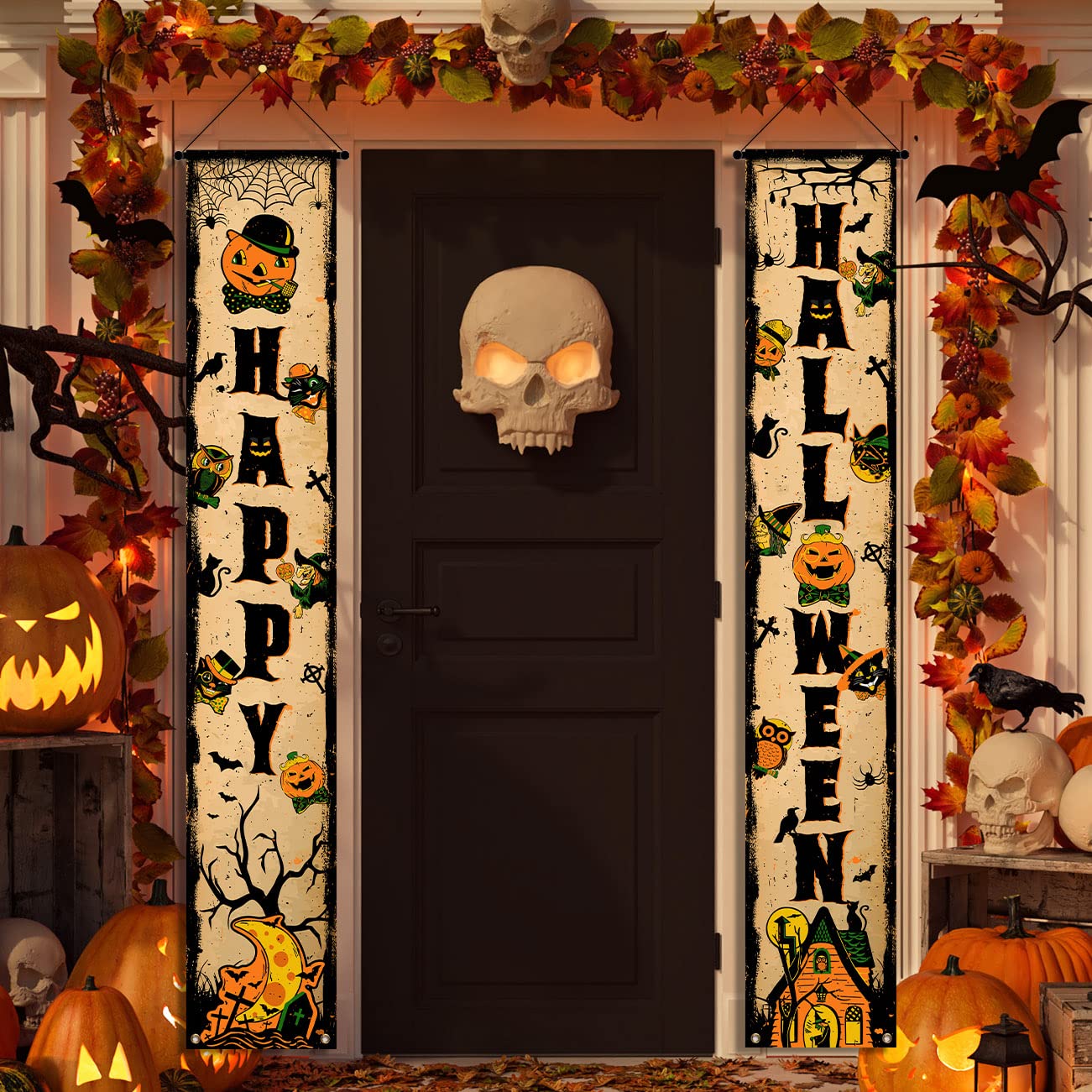 Photo 1 of Vintage Halloween Decorations Outdoor Indoor Banner Johanna Parker Happy Halloween Porch Sign Vintage Pumpkin Witch Porch Banner for Scary Halloween Party