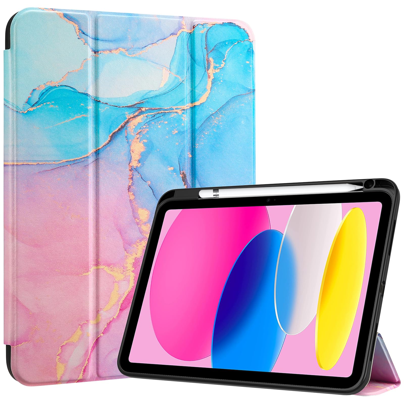ProCase for iPad (A16) 11th Generation 11 Inch 2025/10th Generation 10.9 Inch 2022 Case with Pencil Holder, Hybrid iPad 11 10 Case with Clear Back, Supports Auto Wake/Sleep -Bluemarble