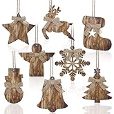Lineshading 8 Pcs Rustic Christmas Tree Ornaments Wooden Farmhouse Christmas Ornaments Angle Snowflake Reindeer Tree Hanging Decor for Xmas Home Office Fireplace Winter (Brown,4.3 x 3.9 Inches)