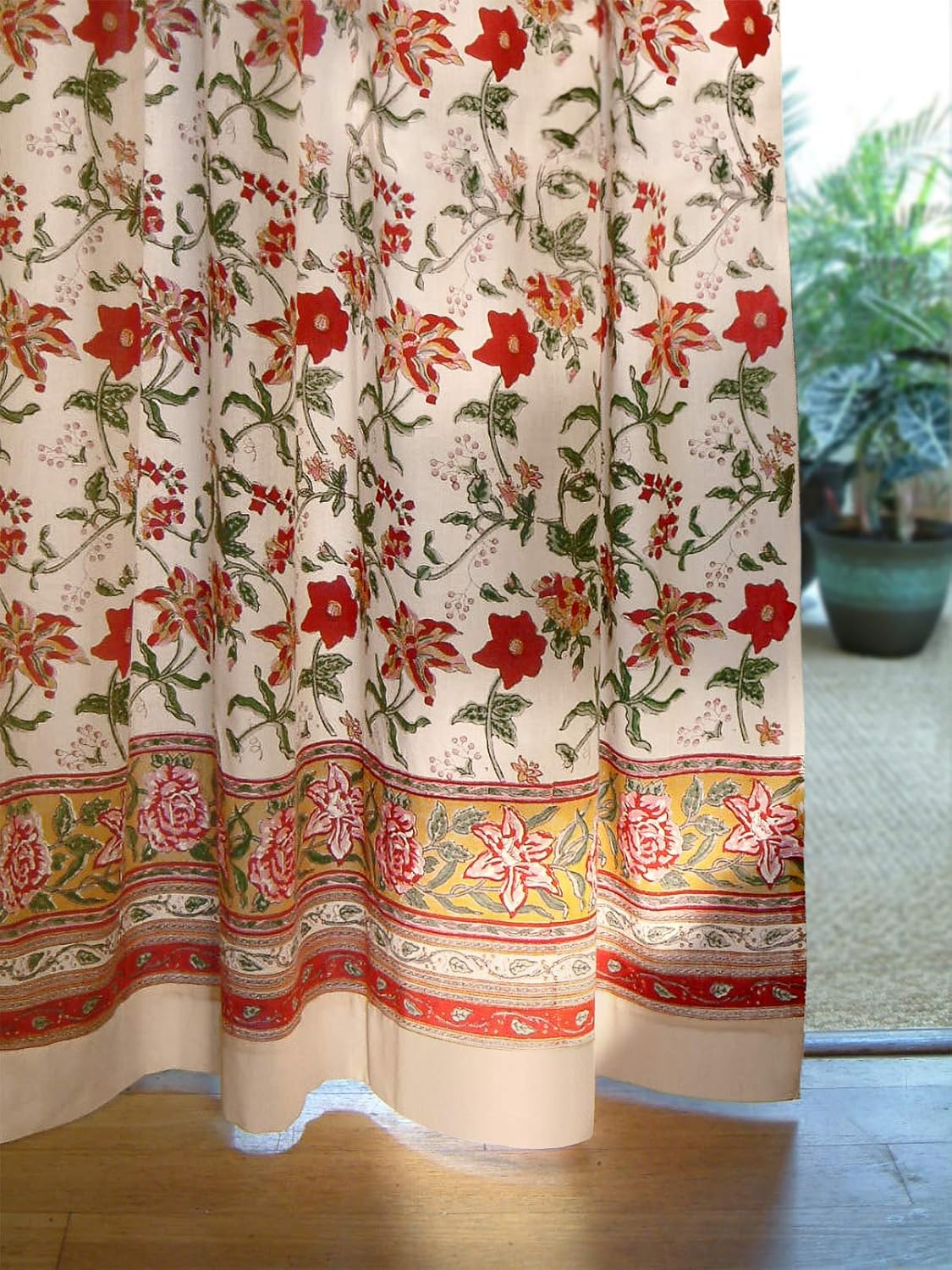Saffron Marigold Tropical Garden Curtain Panel Hand Printed 100 Cotton Voile