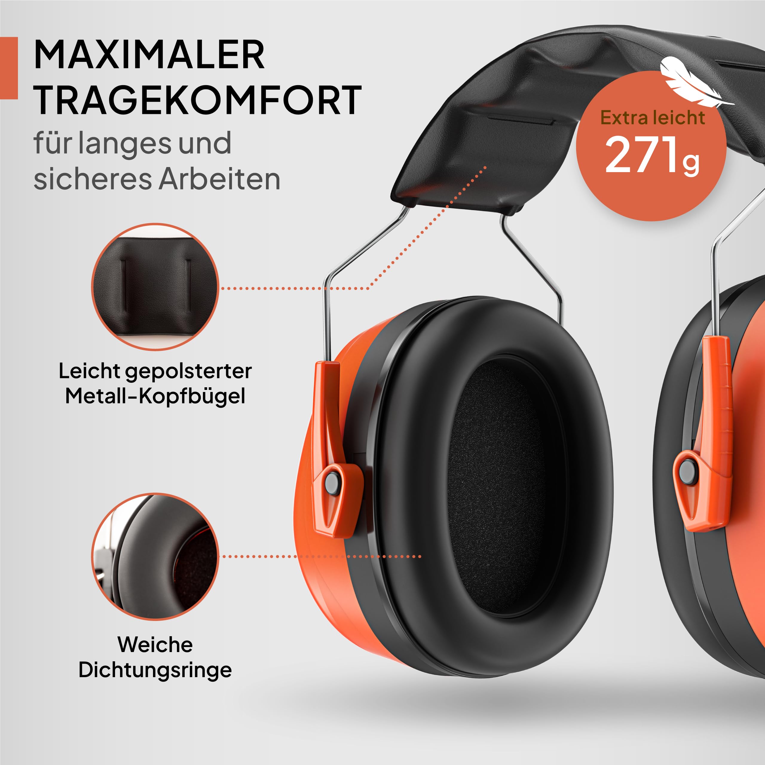 Senner ® WorkPro Ultra | Gehörschutz für Arbeit und Freizeit – Größenverstellbare Ohrenschützer - Hochwertige Lärmschutz Kopfhörer mit SNR von 34 dB - Kapselgehörschutz Schwarz/Orange - Unisex 4