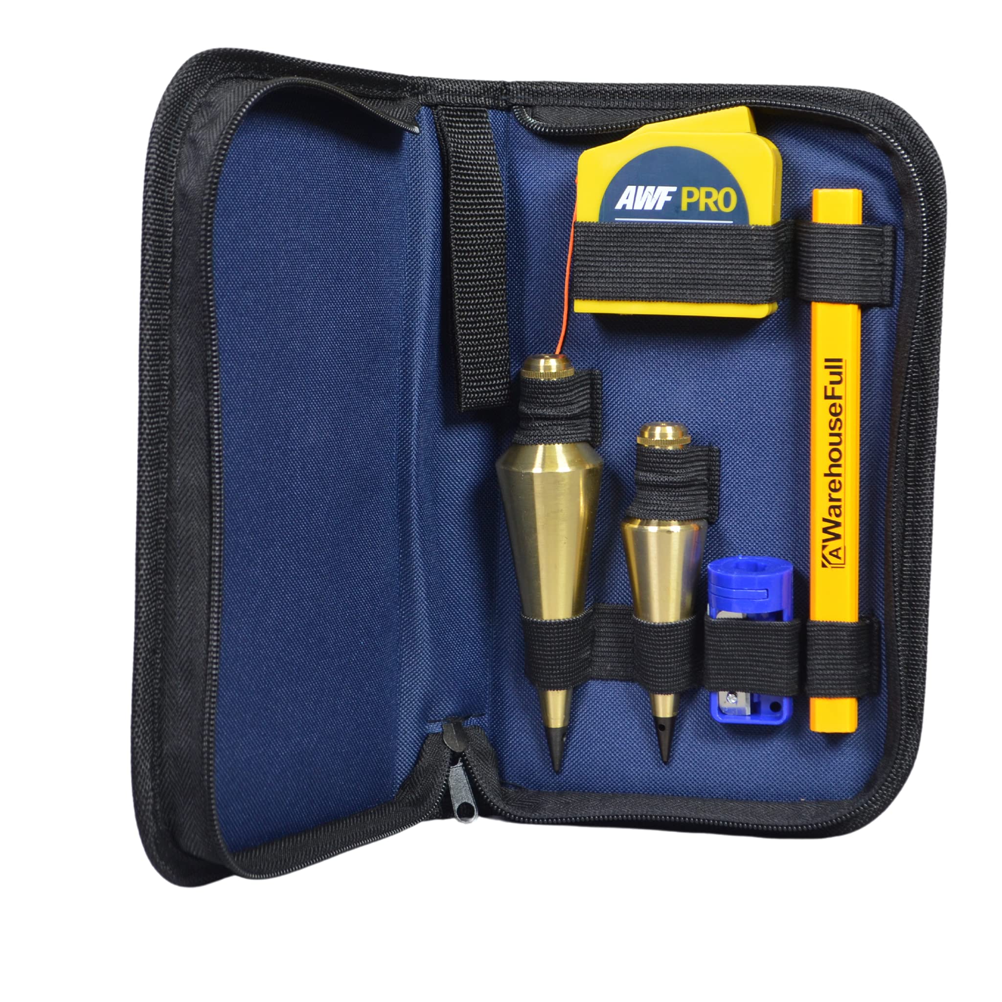 AWF PRO Plumb Bob Kit - Perfect for Construction Jobs and DIY. 16 oz and 8 oz Solid Brass Plumb Bobs, Retractable Line Reel with Magnetic Base, 2 Pencils, Pencil Sharpener, Carrying Case