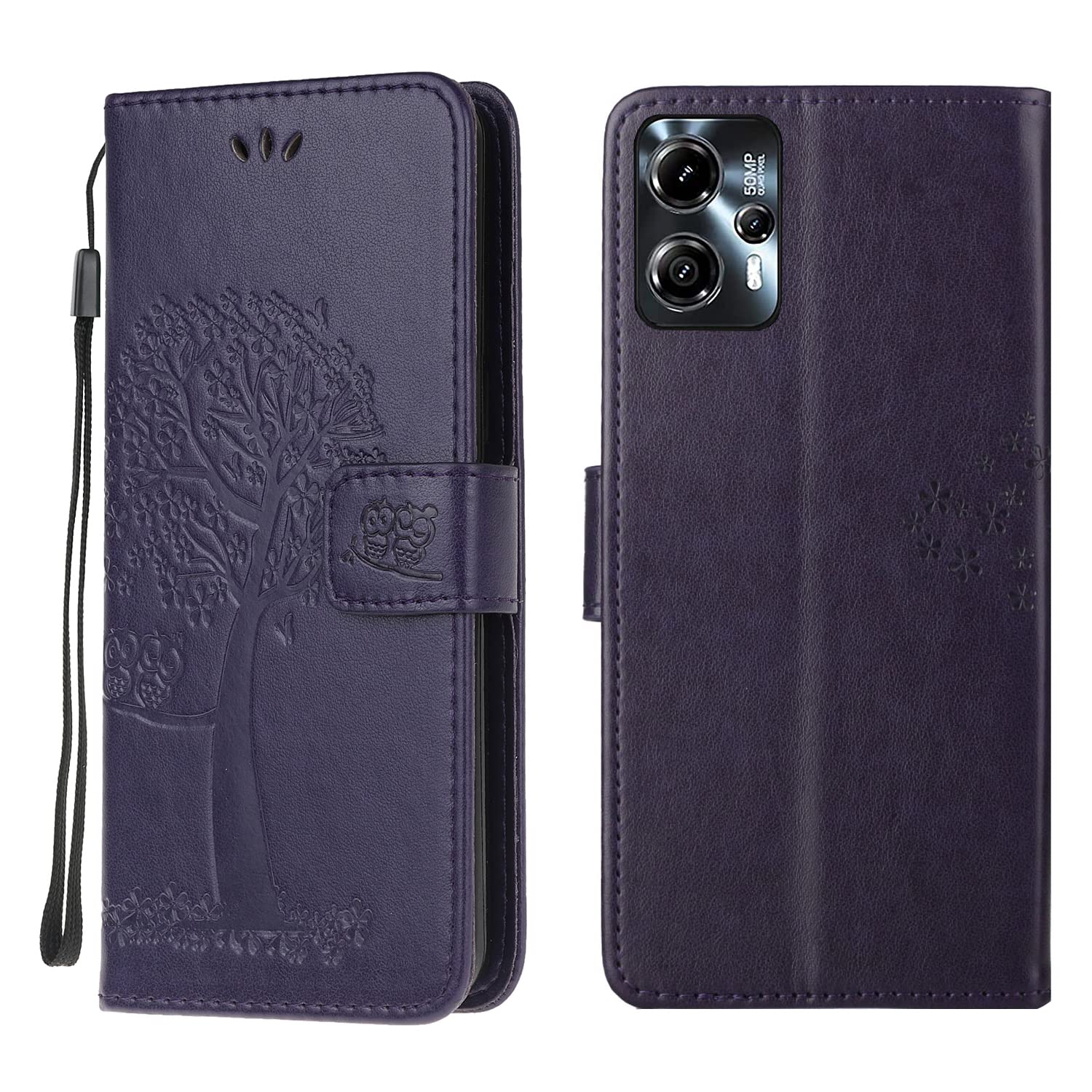 Motorola G13/G23/G53 Case Leather Wallet Flip Folio Magnetic Clasp Stand View Bookstyle Cases for Moto G13/G23/G53 Phone Case Cover Shockproof Cute Owl & Tree Pattern, Purple