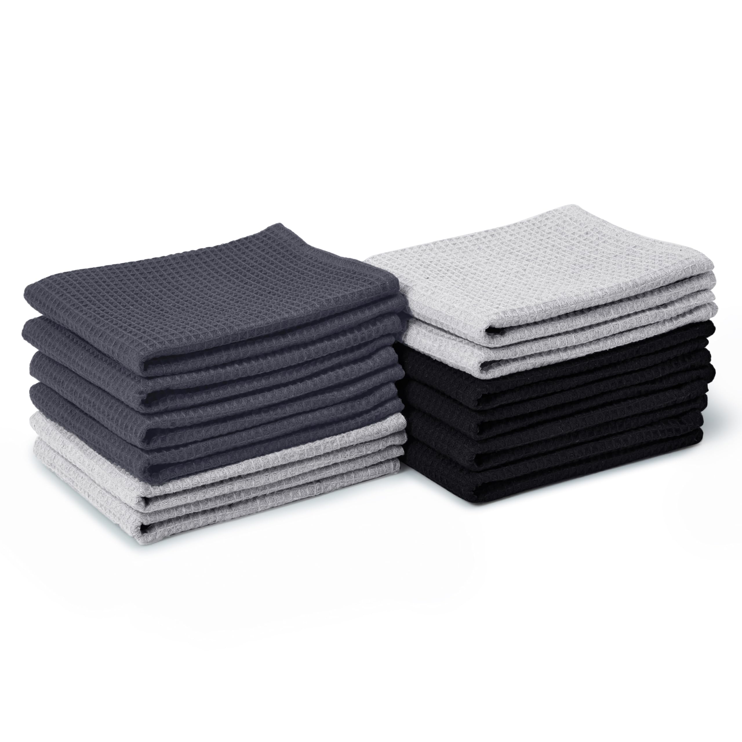 Encasa XO Kitchen Dish Towels Set | Multicolor 3 | Waffle Weave and Flat Hand Tea Towel | 70x45 cm | Quick Drying Reusable Cotton Washcloths | Multipurpose Lightweight Dishcloths Set of 12