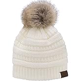 C.C Trendy Fuzzy Fleece Lined Warm Comfortable Soft Stretch Cable Knit Ribbed Faux Fur Pom Pom Beanie Hat