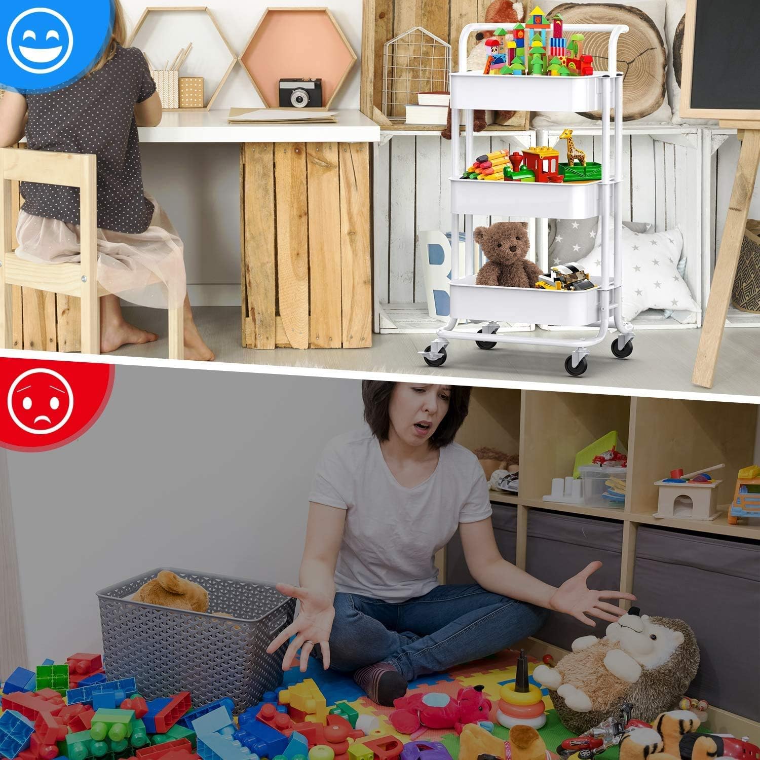 Pipishell 3-Tier Rolling Utility Cart, Multifunctional Metal Organization Storage Cart with 2 Lockable Wheels for Office, Home, Kitchen, Bedroom, Bathroom, Laundry Room (White): Home & Kitchen