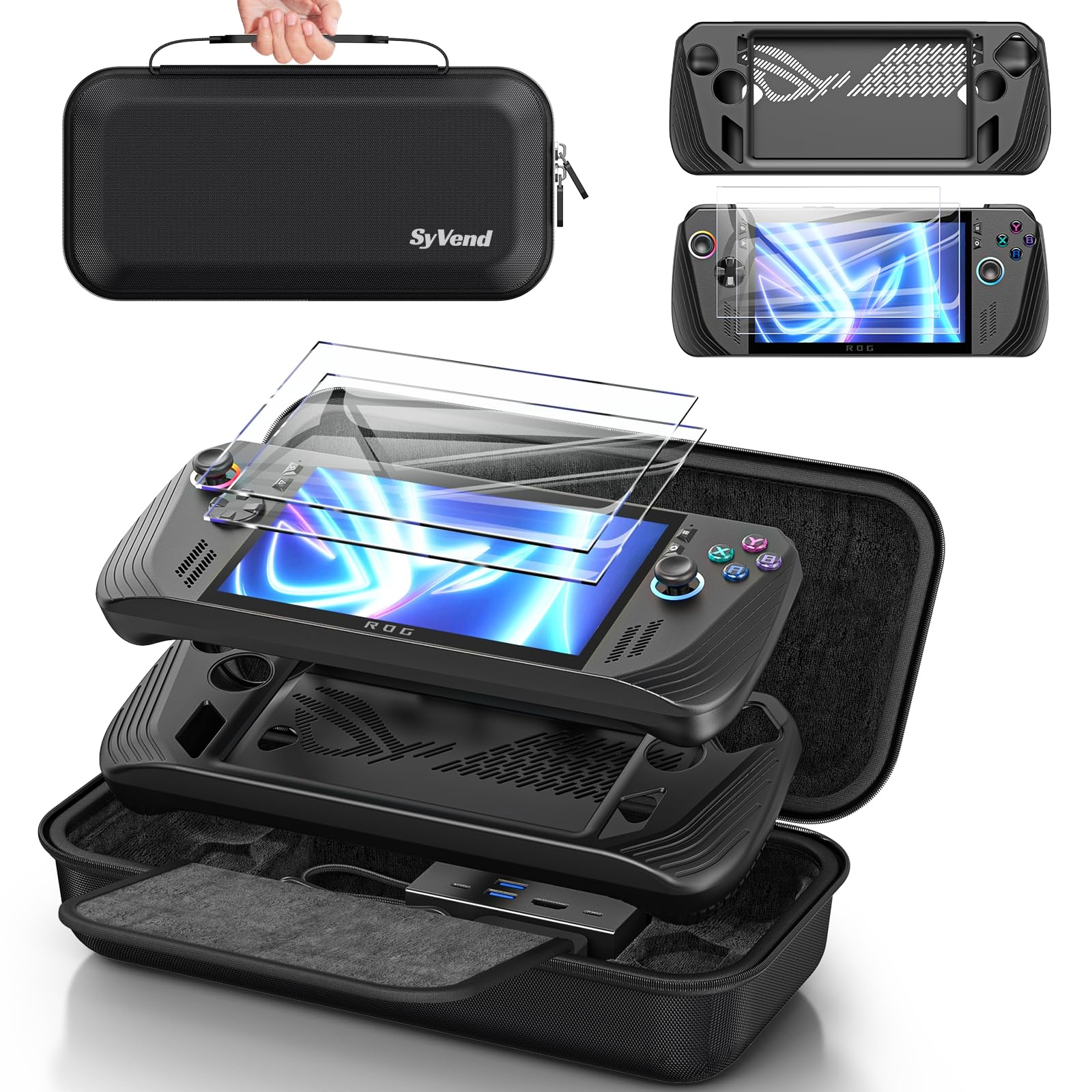 Photo 1 of SyVend Carrying Case 3 in 1 Accessories Set Compatible with ROG Ally X 2024 Black, Included EVA Carrying Case, Soft Silicone Protective Cover und 2 Pack Screen Protector, Portable and Easy to Carry