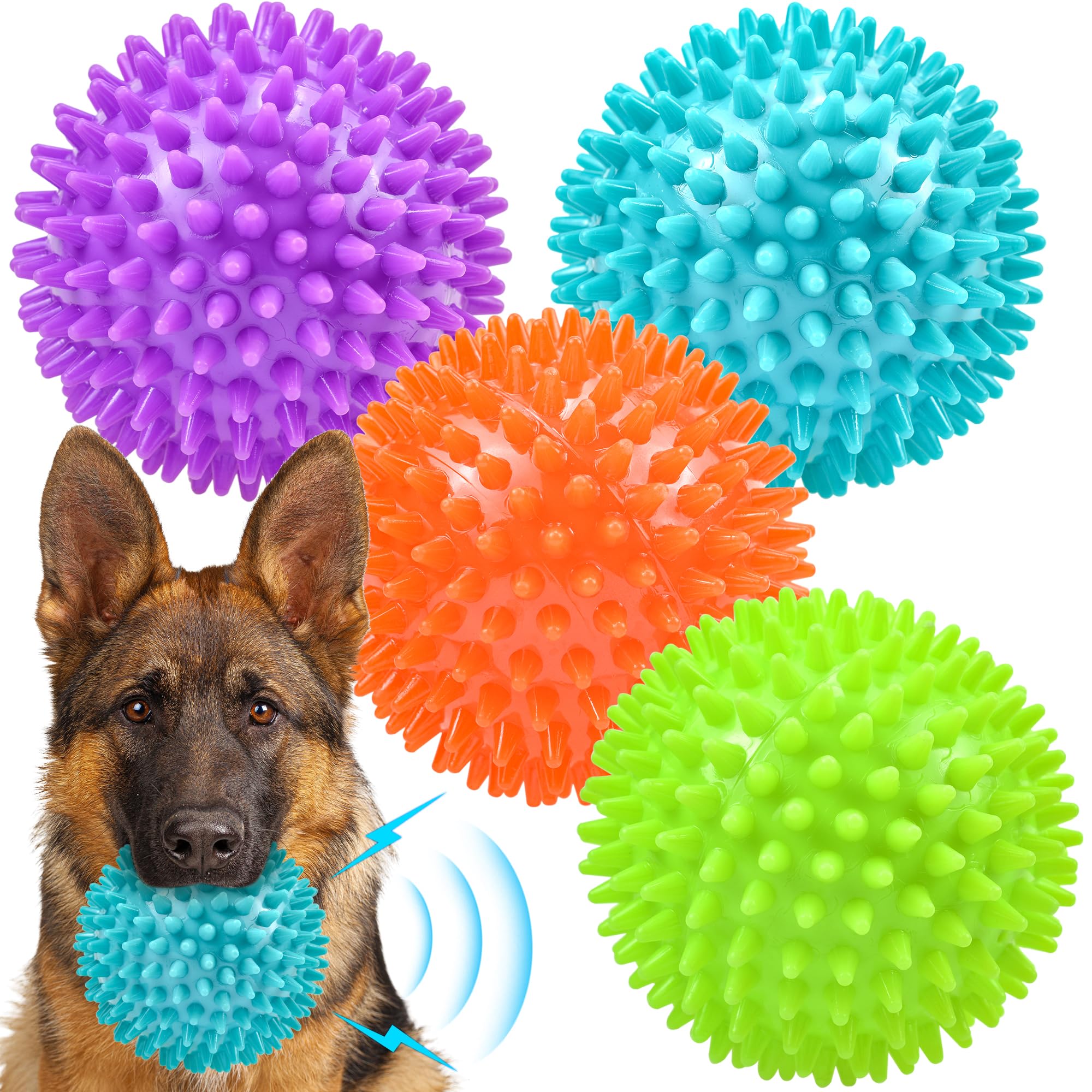 Ousiya Thickened 12 cm Squeaky Dog Toy Balls, 4 Pack Spikey Indestructible Dog Balls for Aggressive Chewers for Medium Large Dogs, Durable Dog Toys for Teeth Cleaning and Training