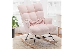 AUNEKIV Rocking Chair Nursery Teddy, Upholstered Baby Fluffy Glider Rocker for Adults Indoor, Comfy Sherpa Compact Nursing Chairs for Small Spaces, Living Room, Classroom, Bedroom, Pink