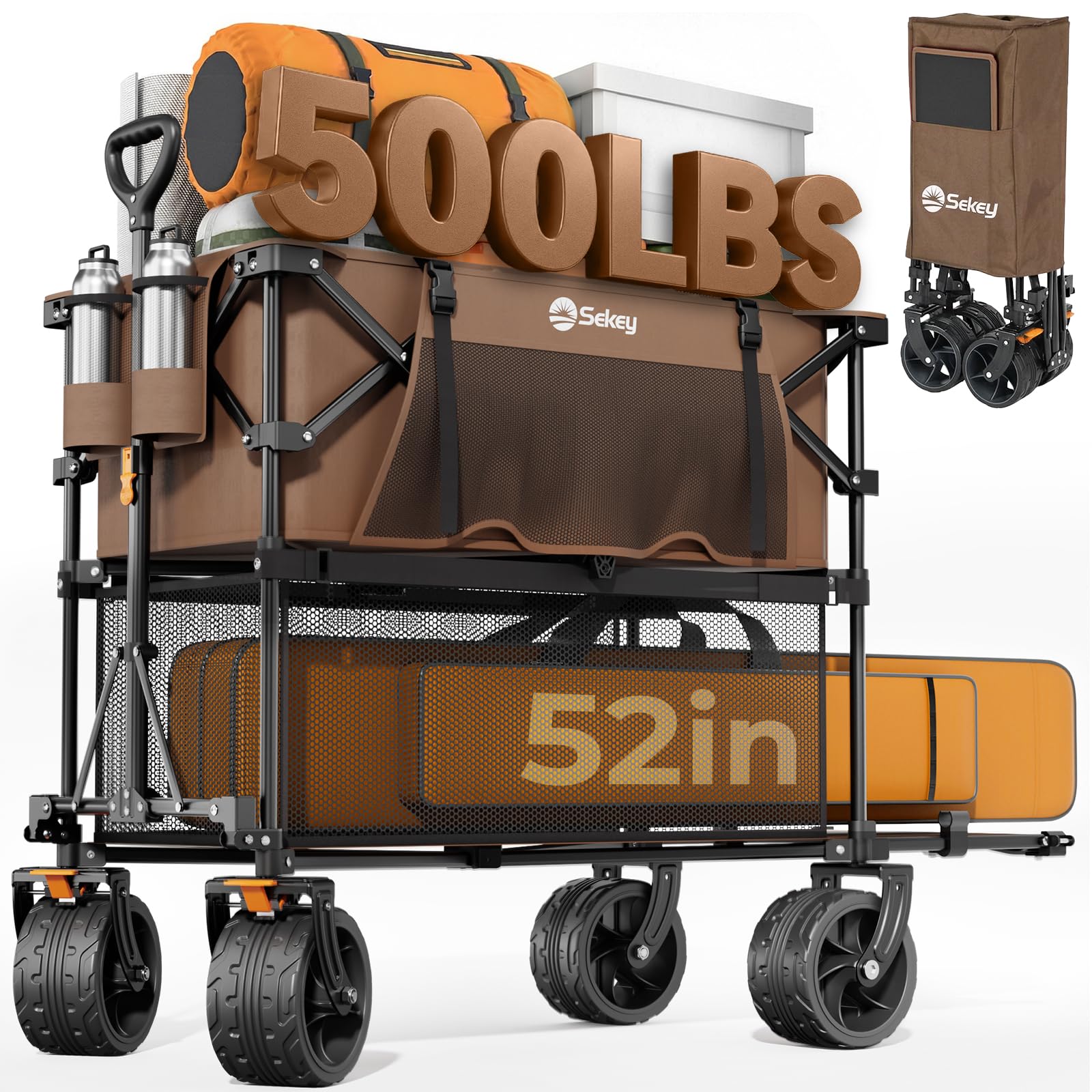 Sekey 500LBS Heavy Duty Double Decker Wagon with Extender, 400L Large Capacity Collapsible Garden Cart Fits 10x10 Canopy, All-Terrain Big Wheels with Brakes, Foldable Utility Wagon for Sports, Camping Image
