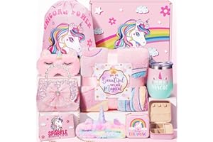 9PCS Unicorn Gifts for Girls Age 4-6 6-8, Toddler Girl Toys with Unicorn Glow in The Dark Blanket Crossbody Purse Kids Christ