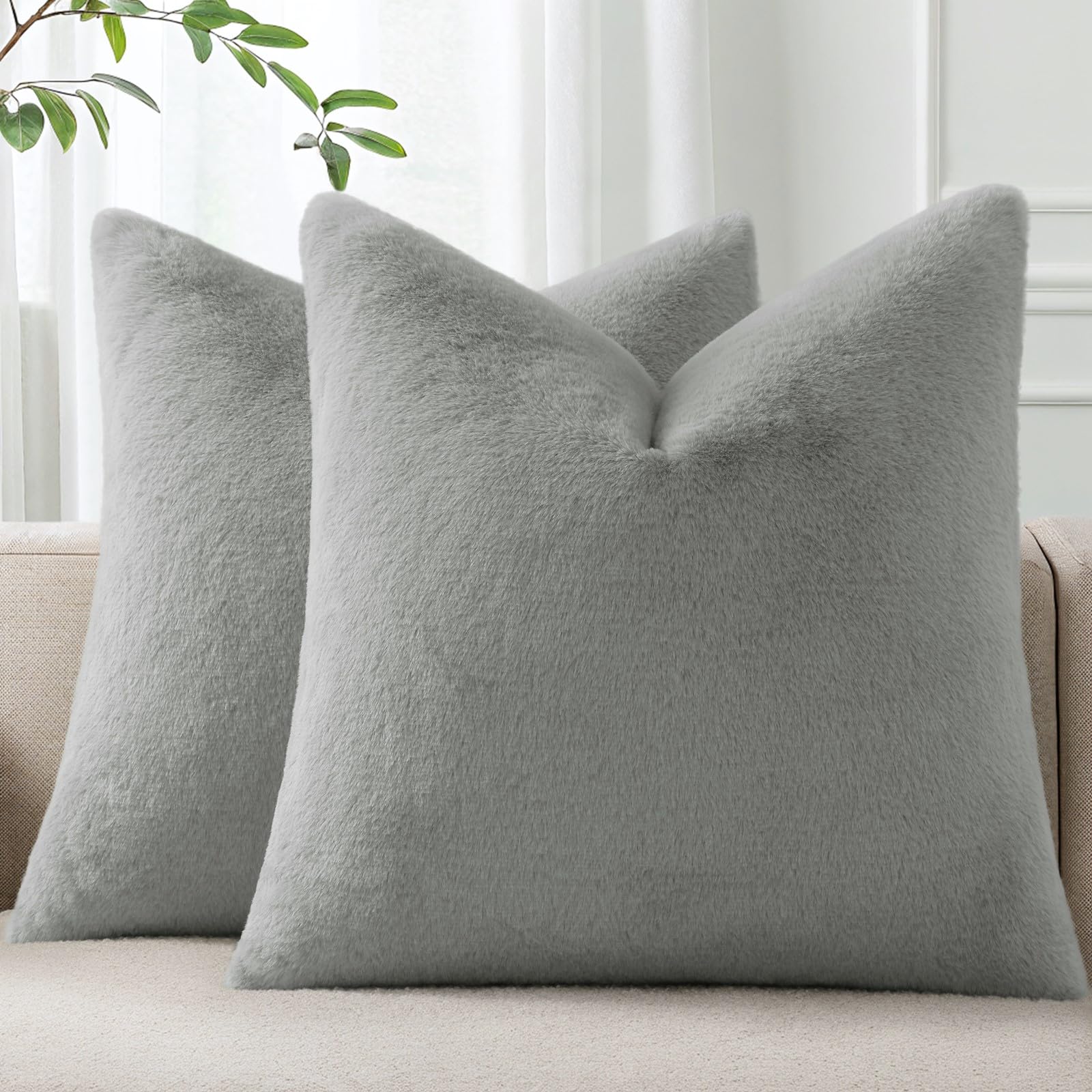 Photo 1 of Pallene Faux Fur Plush Throw Pillow Covers 24x24 Set of 2, Soft Fluffy Couch Pillow Covers for Living Room, Grey