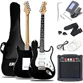 Ermik Solid Body Electric Guitar Kit with Amp 20W, Strings, Strap, Digital Tuner, Picks, Gig Bag, Cable, Tremolo Bar, 39" Full Size Guitar HSS Pickups Guitarra Electrica Beginner Gift - Black