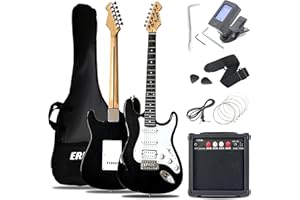 Ermik Soild Body Electric Guitar Kit with Amp 20W, Strings, Strap, Digital Tuner, Picks, Gig Bag, Cable, Tremolo Bar, 39" Full Size Guitar HSS Pickups Guitarra Electrica Beginner Gift - Black