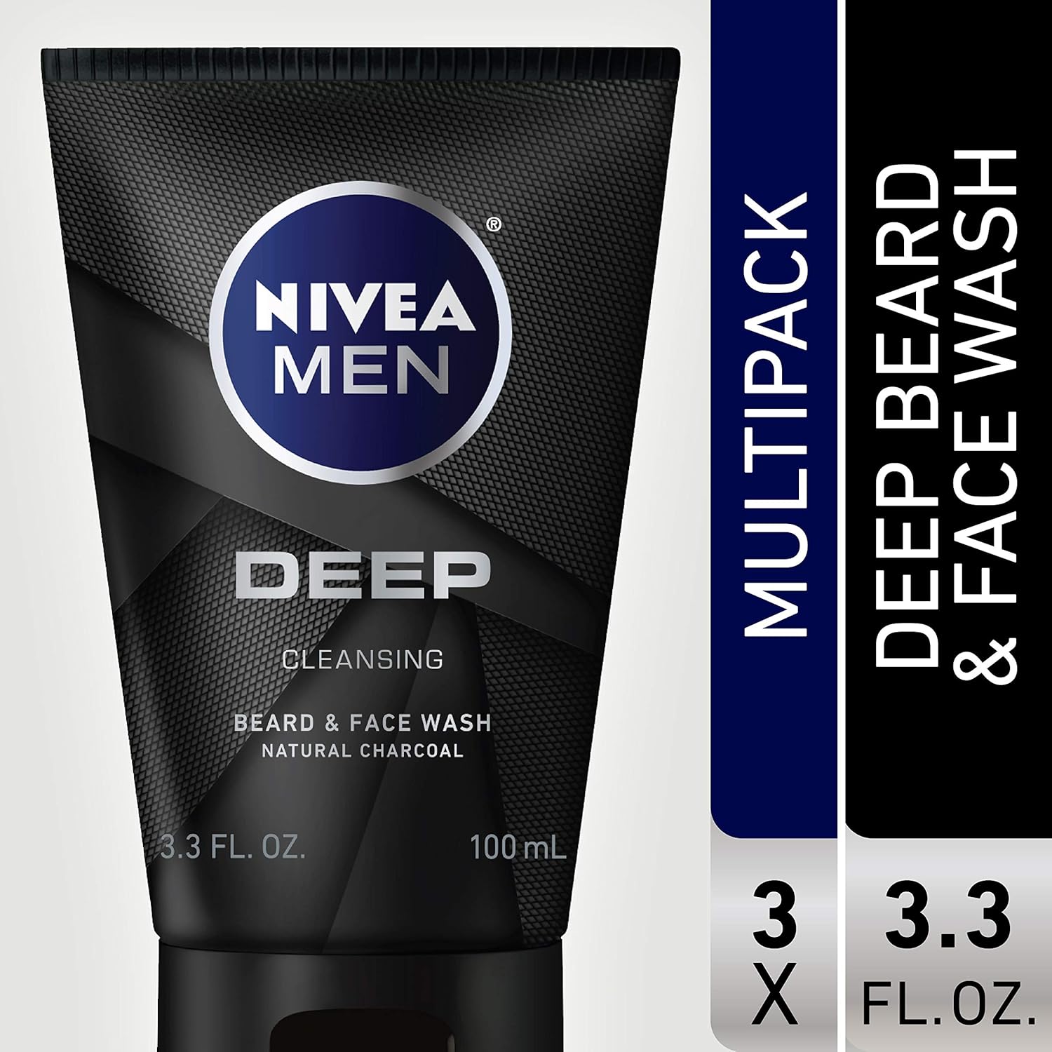NIVEA Men DEEP Cleansing Beard & Face Wash - With Natural Charcoal to Deeply Clean - 3.3 fl. oz. Tube (Pack of 3): Beauty