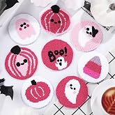 FuWeave 8 Pcs Tufted Halloween Coaster for Drink Ghost Pumpkin Coaster 3.1'' Pink and White Tufted Cup Mat Pad for Drinks Beverage Boo Candy Corn Mug Cup Car Desk Home Party Halloween Decor