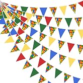 32Ft Building Block Party Decorations Red Blue Yellow Green Colorful Building Block Triangle Flag Pennant Bunting Banner Fabric Garland Streamers for Blocks Birthday Outdoor Garden Decor
