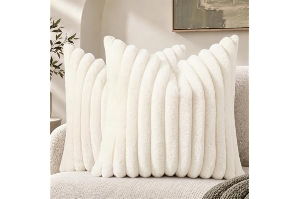 decorUhome Fall Cream White Faux Fur Throw Pillow Covers 18x18 Set of 2 | Velvet Decorative Pillow Covers, Fuzzy Striped Soft