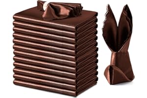 VACVELT 12 Pack Chocolate Brown Satin Napkins 17x17 Inch Wedding Napkins, Scalloped Elegant Dinner Napkins Square Table Napki