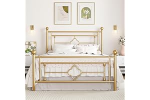 SHA CERLIN 14 Inches Queen Size Metal Platform Bed Frame/Vintage Iron-Art Headboard and Footboard/Mattress Foundation for Storage/No Box Spring Needed/Noise-Free/Easy Assembly/Gold