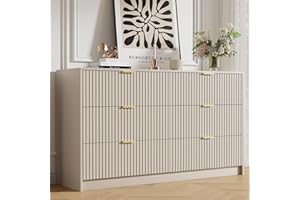 Furniway Beige Dresser for Bedroom, Modern Dresser with 6 Drawers and Smooth Slides, Wide Chest of Drawers with Golden Handles for Bedroom, Living Room, Closet, 15.7" D x 55.1" W x 31.4" H