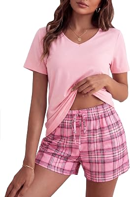 Damen Pyjama Set Kurz mit Taschen und Kordelzug Bequeme Shorts