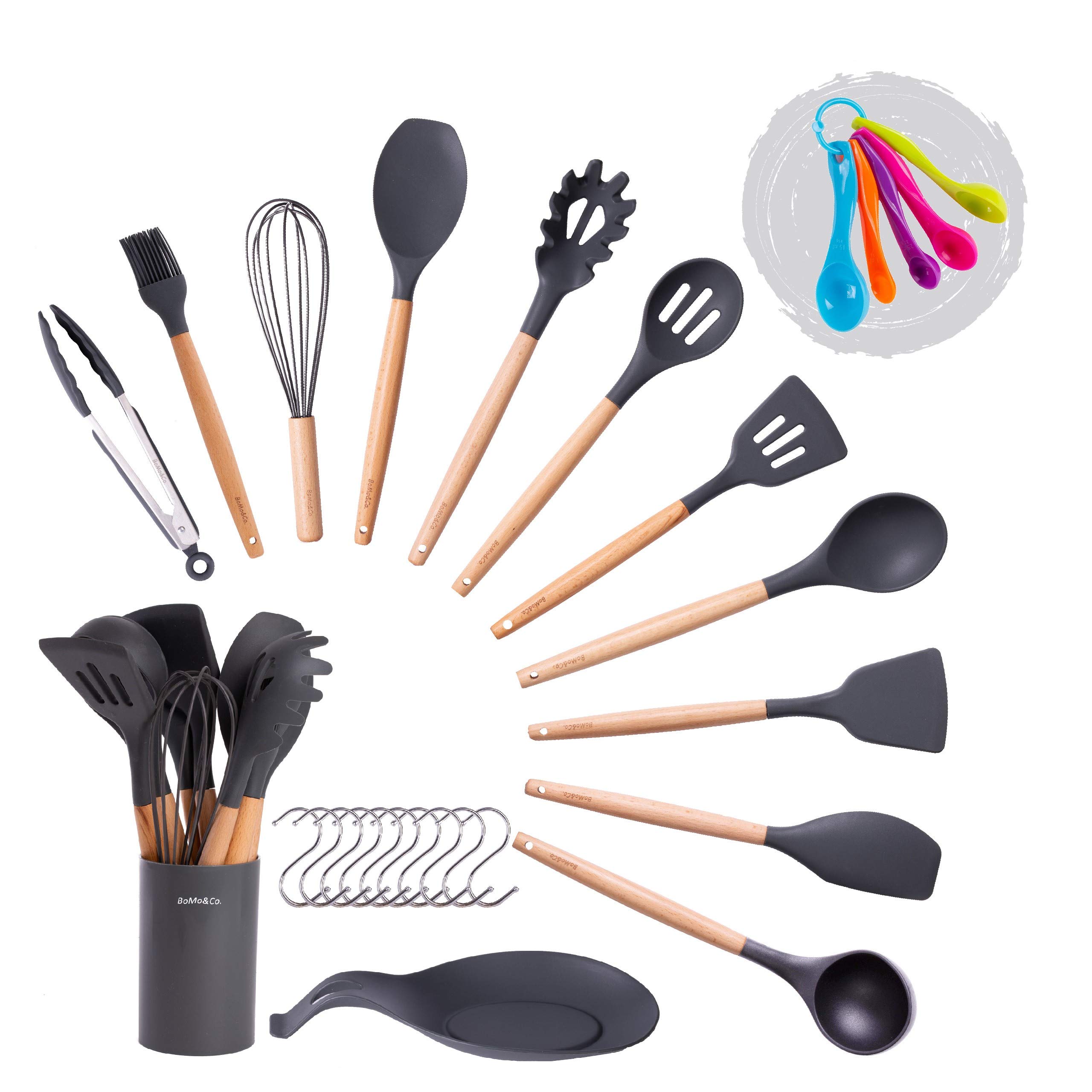 Cooking Utensils Set, Kitchen Utensils Set, Including Measuring Spoon Set, Placing mat, Utensil Holder, Silicone Kitchen Utensil Set (Night Grey)