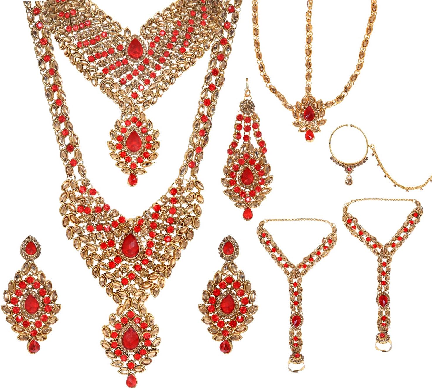 Ratna Creations Traditional Indian Wedding Bridal Jewelry Set Long and Choker Necklace Earrings Maang Tikka Passa Nath Hath Phool in Ruby Beads