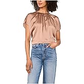 Vince Camuto Womens Crewneck Shirring Short Sleeve
