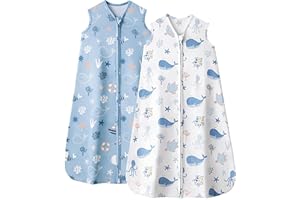 FIEMOL Baby Sleep Sack 12-18 Months, 0.5 TOG Wearable Blanket for Baby Boy and Girl, 2-Way Zipper Toddler Sleeping Bag 2 Pack, Lightweight Sleep Sacks Blue Whale（Large）