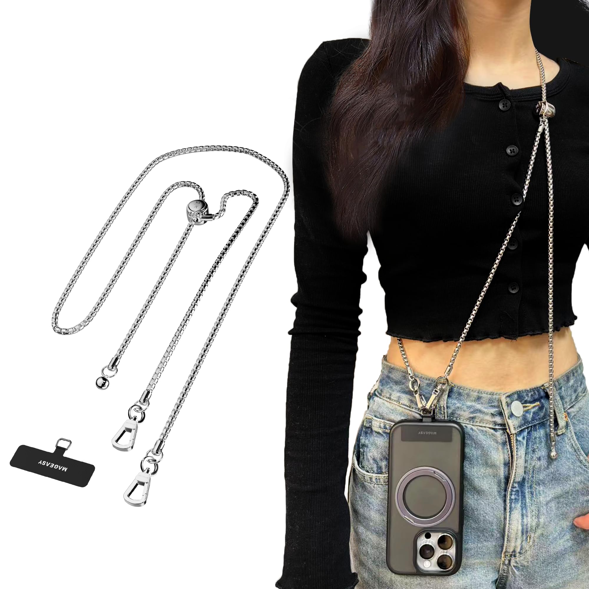 Photo 1 of MAGEASY Crossbody Phone Chain Strap - Universal Metal Crossbody Phone Lanyard With Adjustable Length, Chic Cell Phone Necklace Crossbody Strap for iPhone & Android Phones - Silver Metal