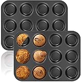 2 Pack Muffin Pan, OAMCEG 12-Cavity Bakeware Non-stick Cupcake Baking Pan Mini Pie Pans Whoopie Pie Pan, Heavy Duty Carbon St