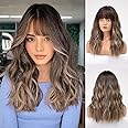 HAIRCUBE Ombre Brown Curly Wigs With Bangs,Brown Highlight Curly Wigs for Women Heat Resistant Synthetic Wigs Fashion Women Brown with Blonde Highlight