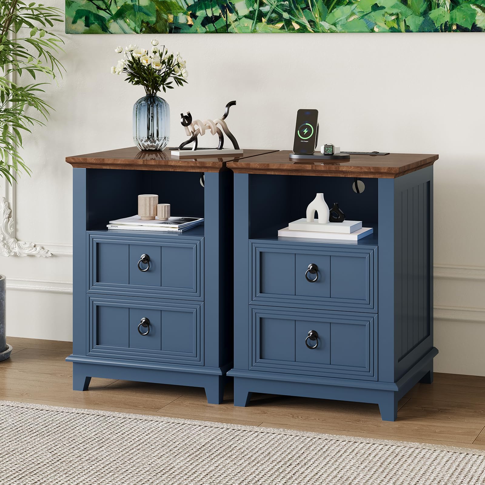 Photo 1 of ****ONE STAND ONLY**** IDEALHOUSE 18in Nightstand Set of 2 with Charging Station, Farmhouse Bed Side Table Wood End Table with 2 Drawers and Open Shelf for Bedroom Living Room, Blue